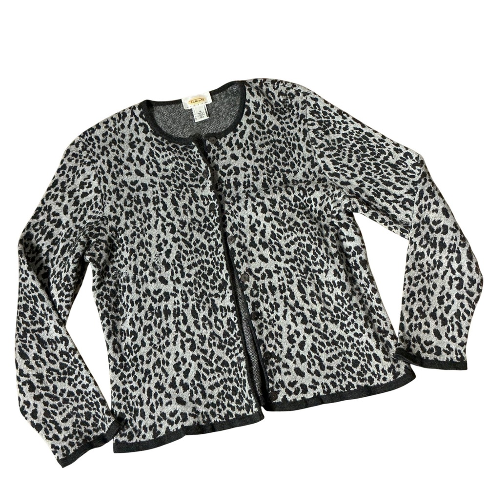 Talbots Petites Preppy Leopard Print Lambswool Blend Cardigan Size M Office Wear